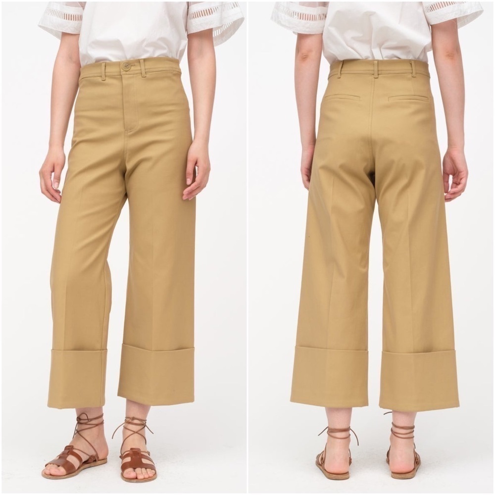 SEA NEW‎ YORK High Rise Wide Leg Oversize-Cuff Crop Linen Blend Khaki Trousers 4 - Picture 2 of 7
